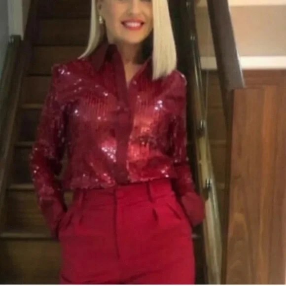 ZARA Red Sequin Long Sleeve Button Down Shirt NWT - Picture 2 of 14